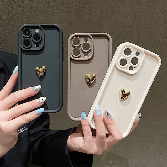 3D Gold Heart Silicone Soft Phone Case For iPhone 15 14 13 12 11 16 Pro Ma