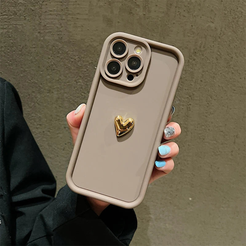 3D Gold Heart Silicone Soft Phone Case For iPhone 15 14 13 12 11 16 Pro Ma