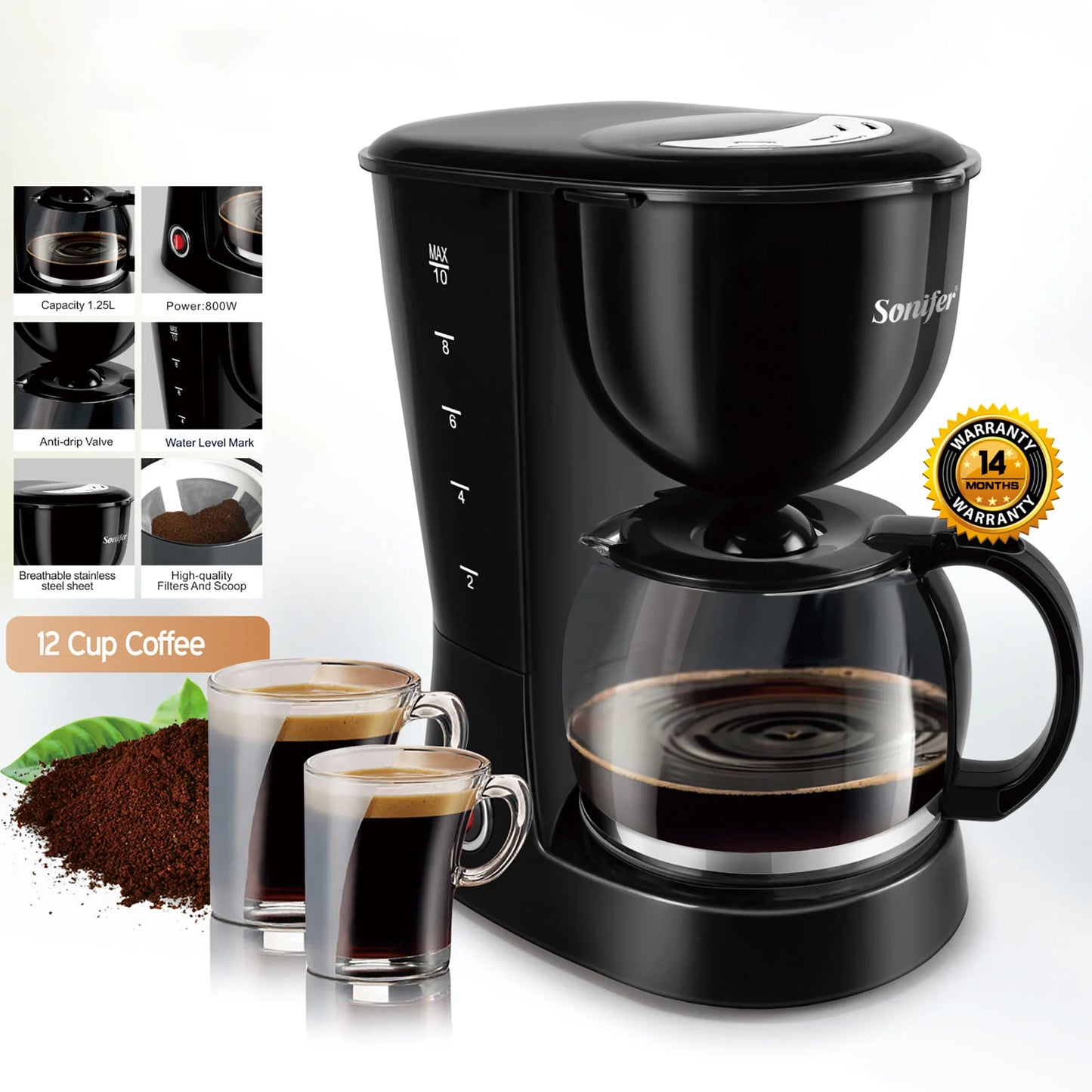 1.25L Electric Drip Coffee Maker 800W Household Coffee Machine