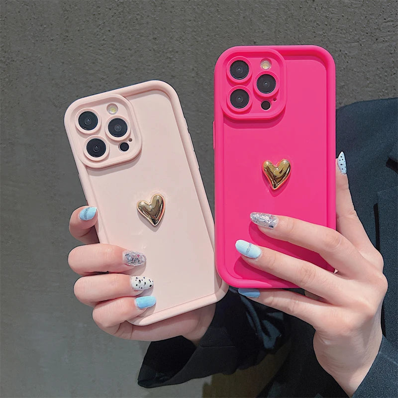 3D Gold Heart Silicone Soft Phone Case For iPhone 15 14 13 12 11 16 Pro Ma