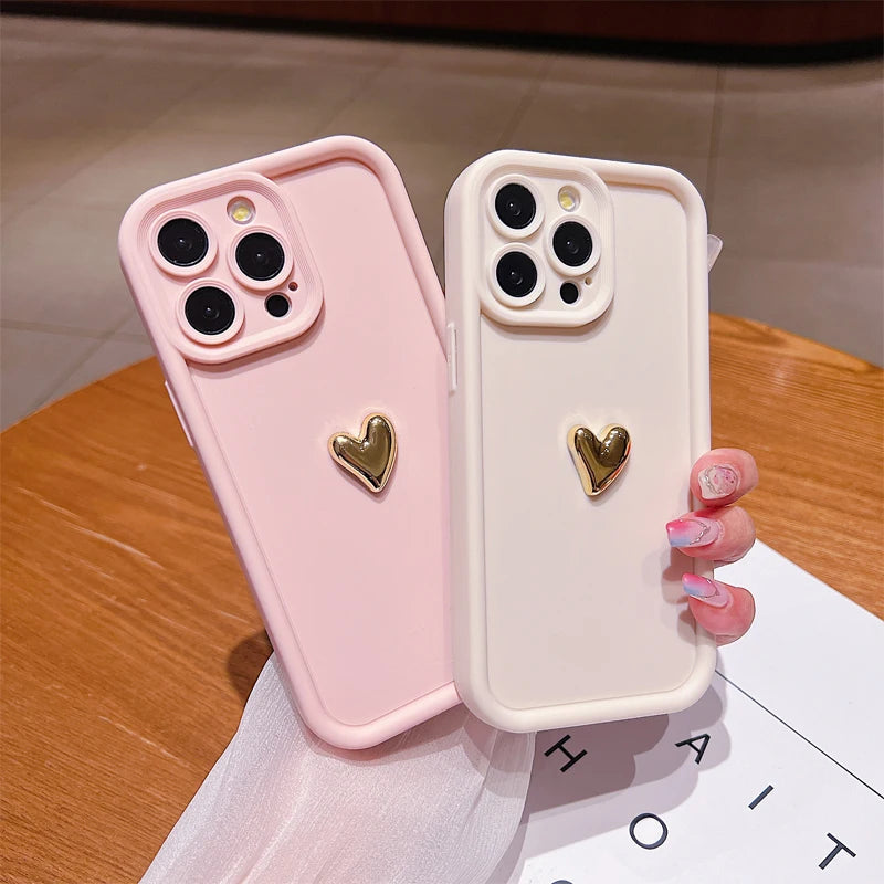 3D Gold Heart Silicone Soft Phone Case For iPhone 15 14 13 12 11 16 Pro Ma