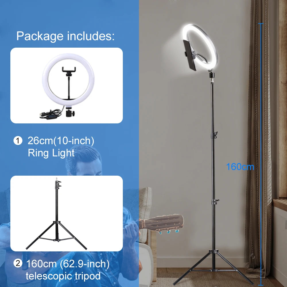 10" 26cm LED Ring Light Selfie Photography Video Light With Mobile