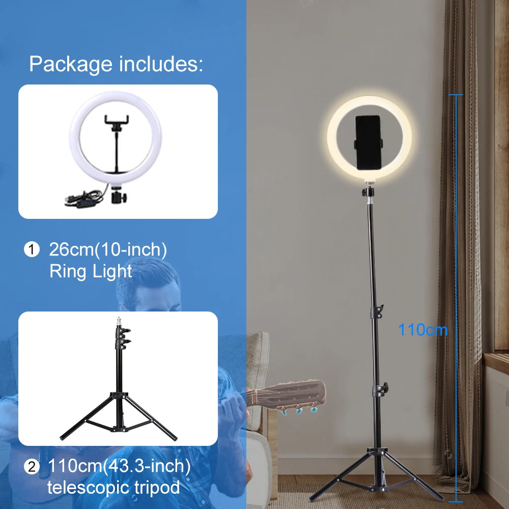 10" 26cm LED Ring Light Selfie Photography Video Light With Mobile