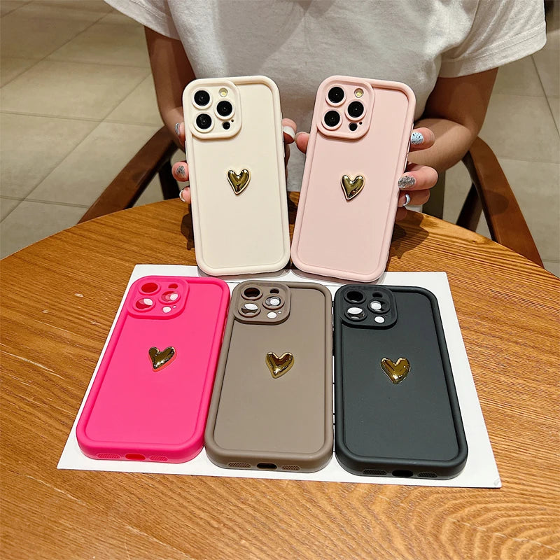 3D Gold Heart Silicone Soft Phone Case For iPhone 15 14 13 12 11 16 Pro Ma