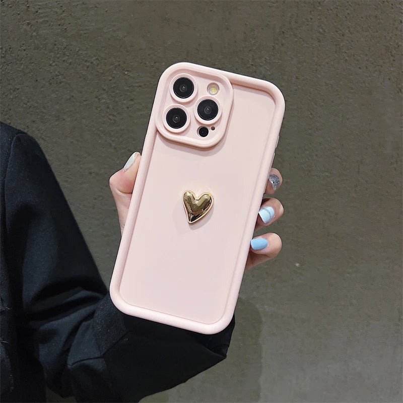 3D Gold Heart Silicone Soft Phone Case For iPhone 15 14 13 12 11 16 Pro Ma