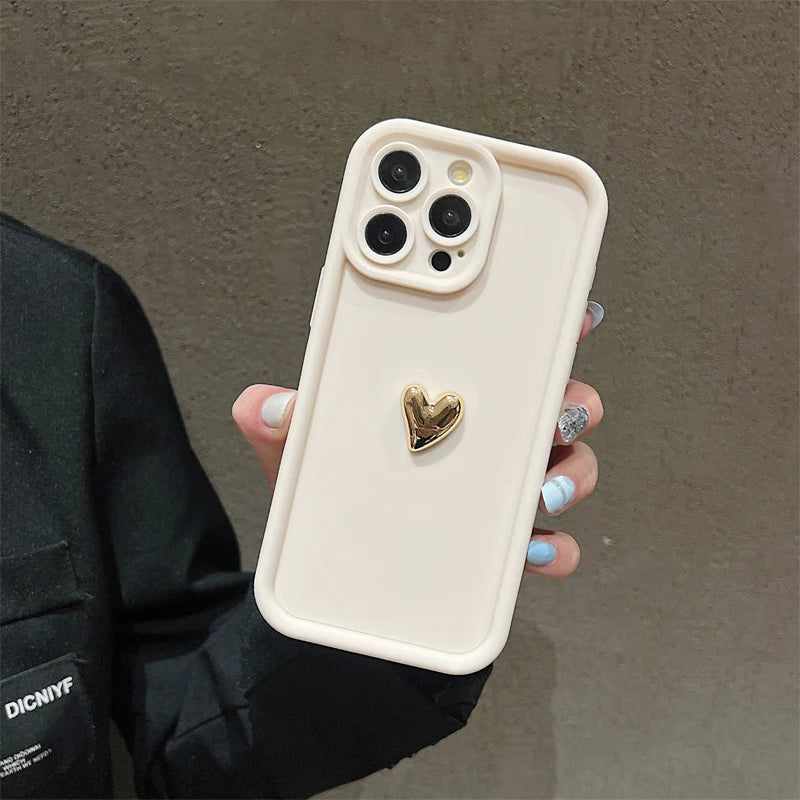 3D Gold Heart Silicone Soft Phone Case For iPhone 15 14 13 12 11 16 Pro Ma