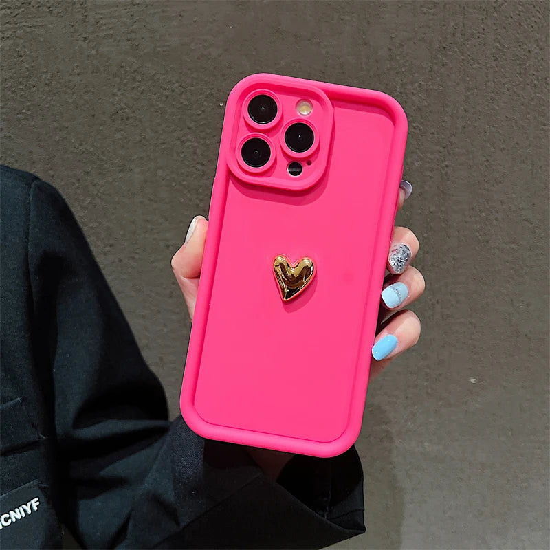 3D Gold Heart Silicone Soft Phone Case For iPhone 15 14 13 12 11 16 Pro Ma