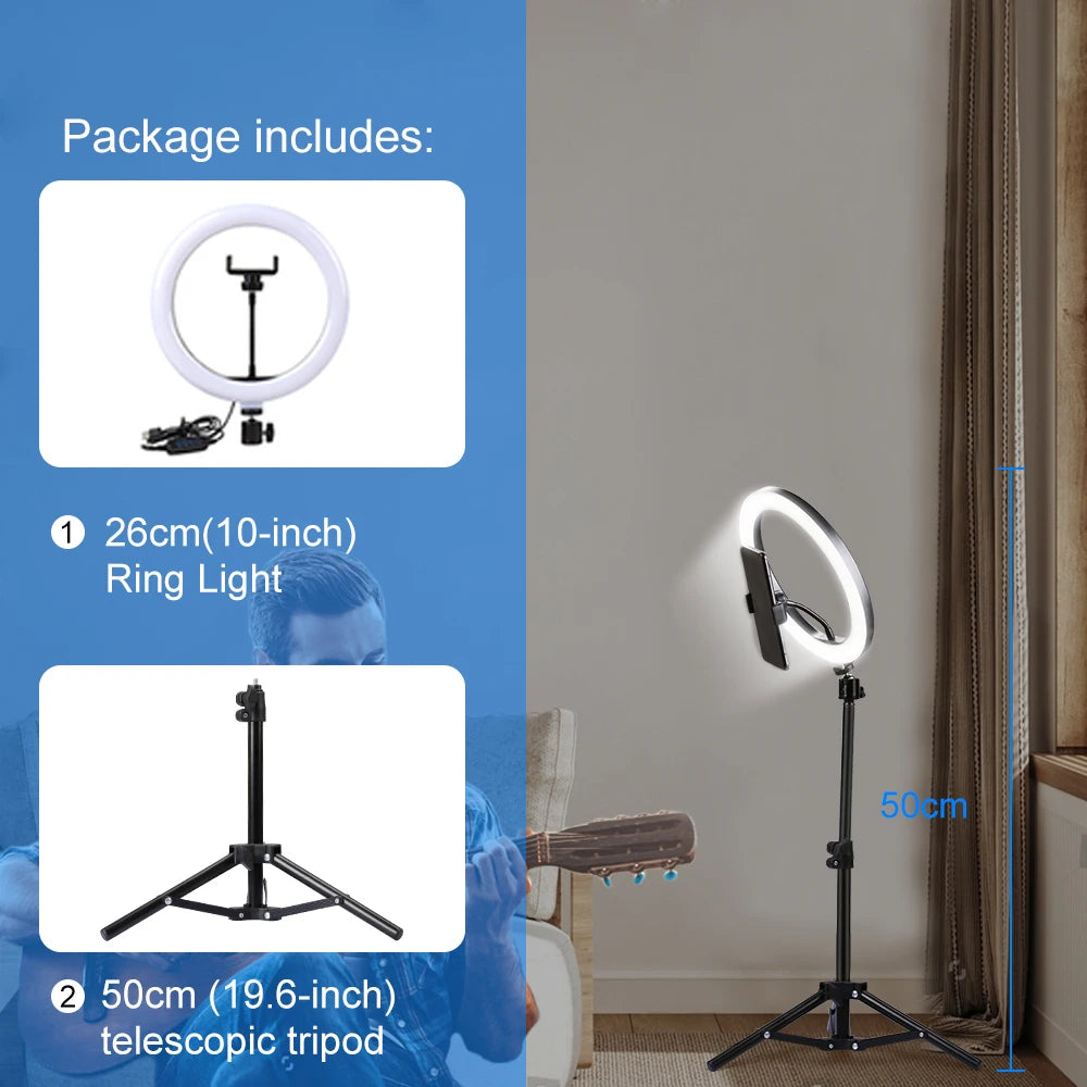 10" 26cm LED Ring Light Selfie Photography Video Light With Mobile